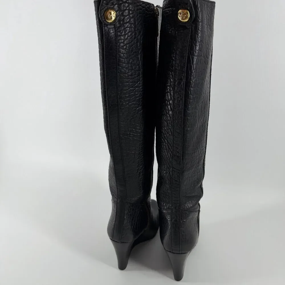 Tory Burch Dabney Knee High Wedge Boots Women’s 7.5 Black Pebbled Leather Zip Up